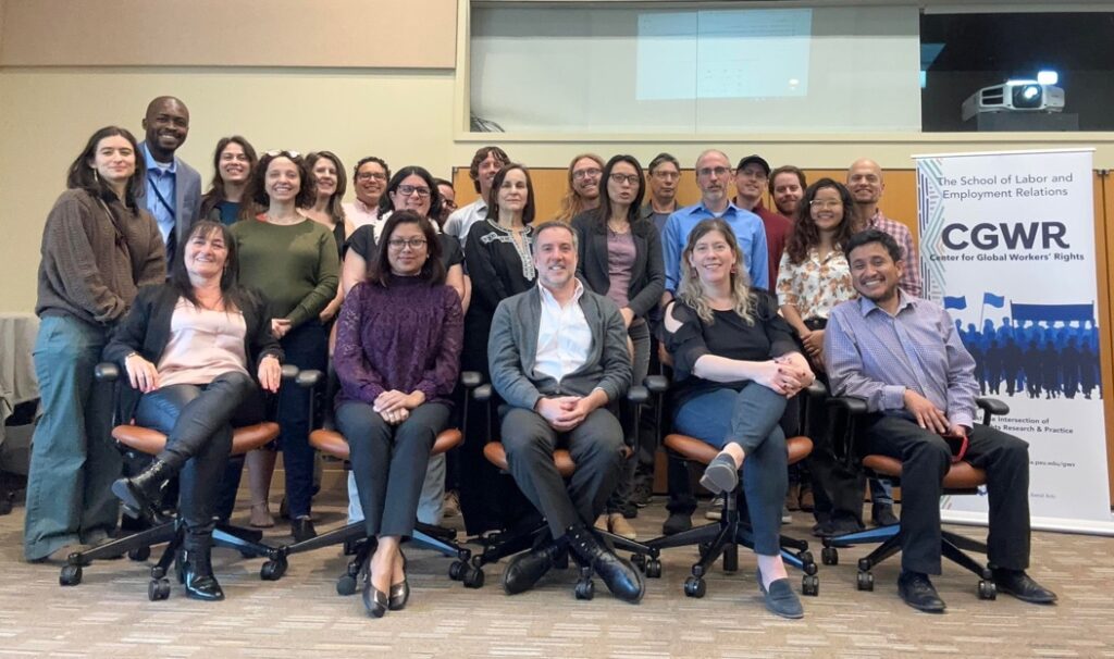 Standing from left to right: Laura Peñaranda, Akufuna Mwauluka, Rairis Martins, Natalia da Campos, Rebecca Tarlau, Francisco Alfredo Reyes, Laura Moisa, Hazel Velasco, Matthew Fischer-Daly, Mary Goldsmith, Ian Winter, Elaine Hui, Marcio Pochmann, Dan Diaggio, Keegan Conrad, Zachary Shepherd, Ye Yint, and Manuel Rosaldo. Sitting from left to right: Cecilia Senen Gonzalez, Sifat Amita, Mark Anner, Jana Silverman, and Luis Mendoza Choque.