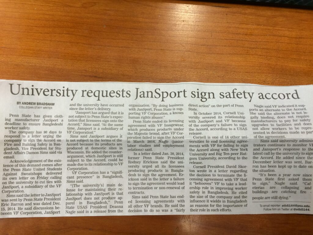 Penn State gives JanSport 90 days to sign Bangladesh safety accord