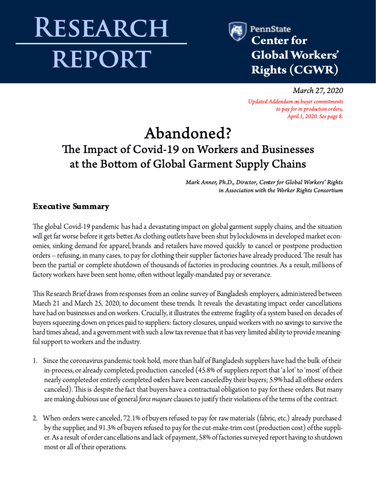 Report cover of "Abandoned? The Impact of Covid-19 on Workers and Businesses at the Bottom of Global Garment Supply Chains"