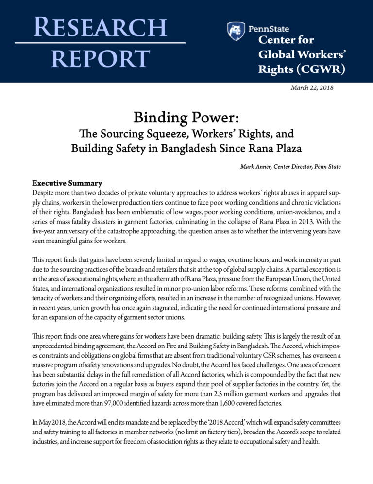 Report cover of "Binding Power The Sourcing Squeeze, Workers' Rights, and Building Safety in Bangladesh Since Rana Plaza"