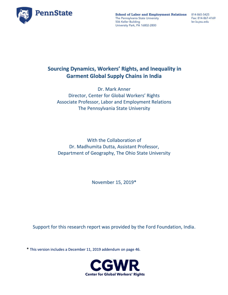 Report cover of "Sourcing Dynamics, Workers' Rights, and Inequality in Garment Global Supply Chains in India"
