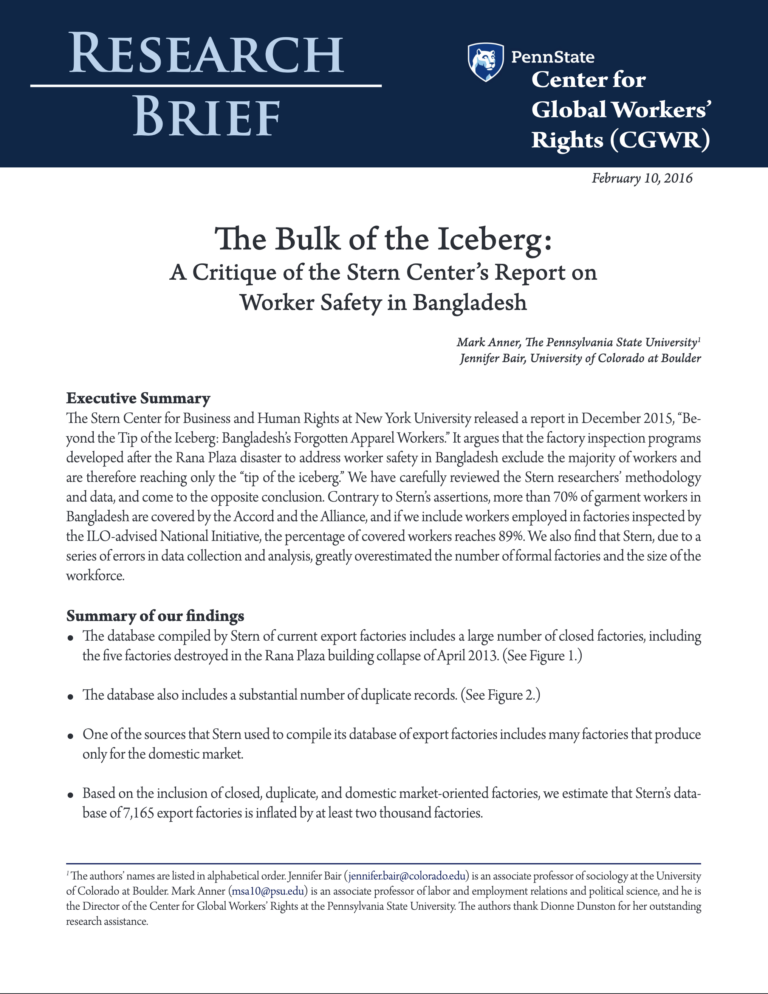 Report cover of "The Bulk of the Iceberg A Critique of the Stern Center's Report on Worker Safety in Bangladesh"