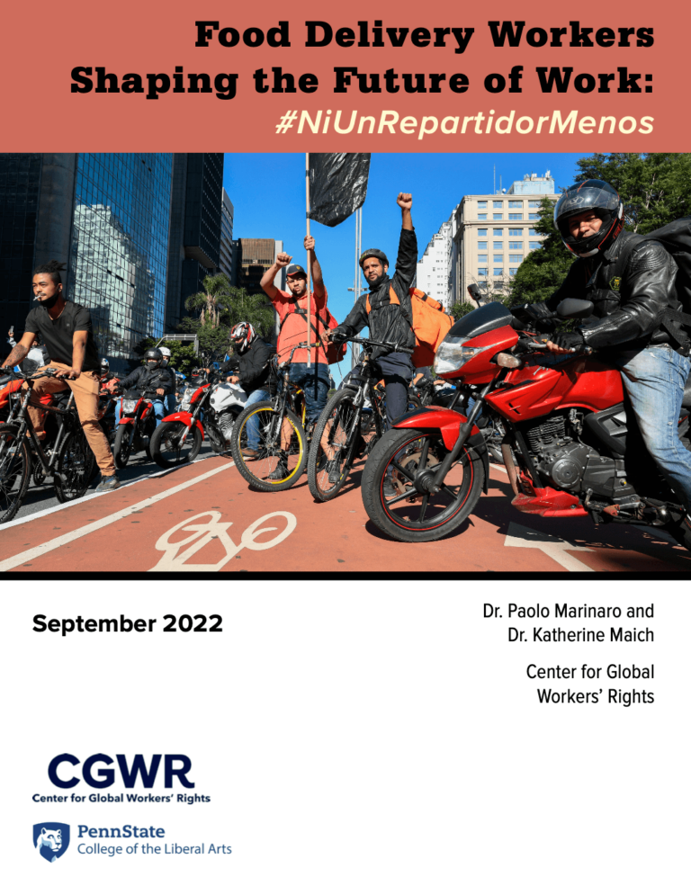 Report cover of "Food Delivery Workers Shaping the Future of Work: #NiUnRepartidorMenos"
