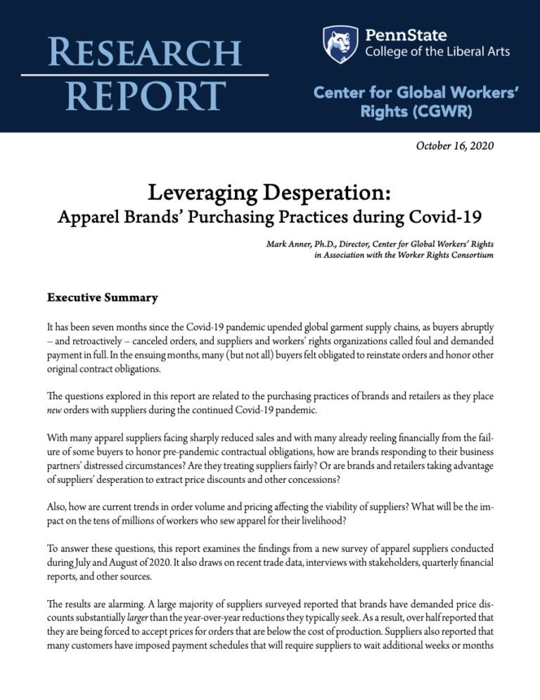 Report cover of "Leveraging desperation: apparel brands’ purchasing practices during COVID-19"